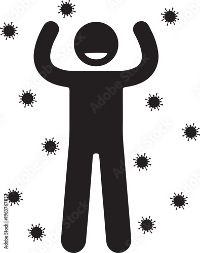 Person with arms raised surrounded by germs