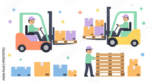 Flat Illustration of Forklifts and Boxes in a Warehouse