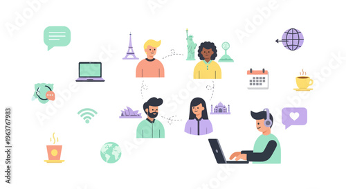 Flat Illustration of Global Communication and Remote Work Technology