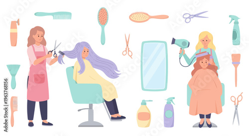 Flat Vector Illustration of Hair Salon with Stylists and Tools