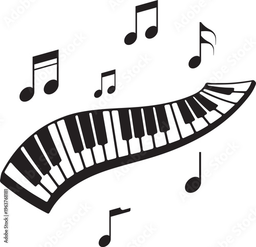Musical Notes Flowing Around a Wavy Piano Keyboard