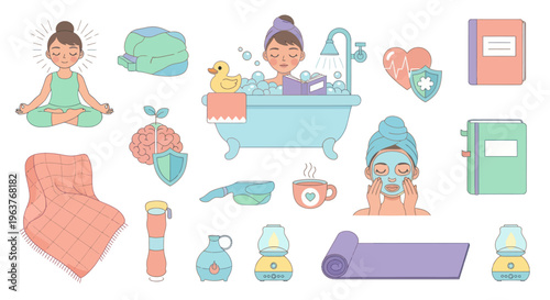 Wellness and Self-care Icons: Yoga, Bath, Spa, Books, Flat Style