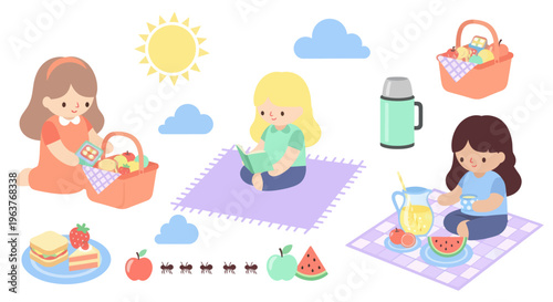 Cute cartoon girls having a picnic with food and drinks