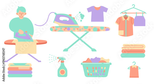Flat illustration of person ironing clothes, laundry basket, and folded towels
