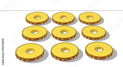 Arrangement of pineapple slices in a repeating pattern.,"