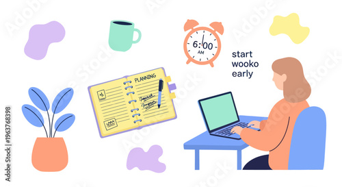 Flat illustration of woman working on laptop, planning and alarm clock, early start