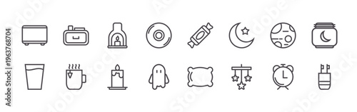 pack of 16 clean thin line good night sleep icons including bell, water, furniture, tea addict, candle, candle, cd, ghost, candy. editable stroke vector illustration isolated on white