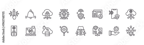 pack of 16 clean thin line internet security icons including 6pcse#015 fingerprint sensor, d5o4k#028 mobile lock, zuc7o#004 alrm, 0zimi#003 ad block, mclvh#008 cloud, 3rtw2#012