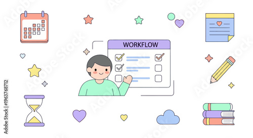Flat vector illustration of workflow management with icons