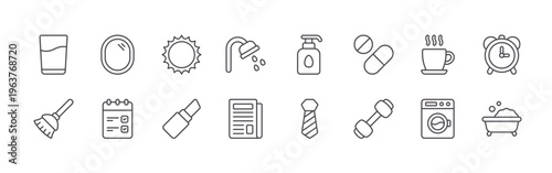 pack of 16 clean thin line morning routine icons including rf8yq#025 water, h2wgk#005 broom, glbxn#011 mirror, j49ra#019 to do list, fwfrs#016 sun, 1xwlu#010 lipstick, miq9o#015 shower,
