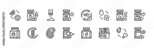 pack of 16 clean thin line nutrients icons including vitamin c, milk carton, vitamins, fiber, sodium, meat, vitamin b12, amino acids, nutritious. editable stroke vector illustration isolated
