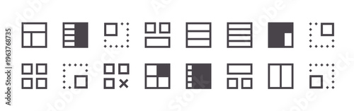 pack of 16 clean thin line layout asset icons including pqzf9#010 home, bho6g#017 grid, l37rf#013 table, optlj#003 down right, qmhfu#004 up, qndxx#008 grid, n2n2f#019 view, hzvmc#001 cell,