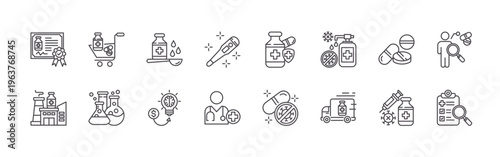 pack of 16 clean thin line phareutical industry icons including glmqa#010 patent, aozed#009 phareutical industry, cwugt#004 drugstore, yt8cl#007 lab, y1sq6#019 syrup, sunit#025 innovation,
