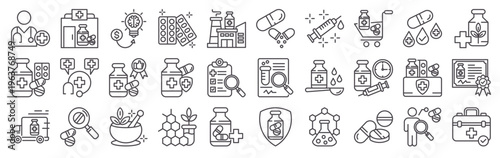 Set of 30 phareutical industry thin line icons including doctor, medicine, phary, pills, syringe, drug, biotechnology, tablet strips, pill bottle, medical consultant