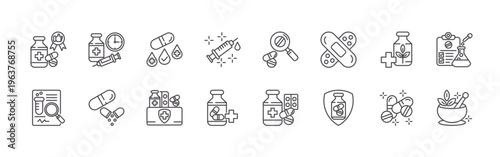 pack of 16 clean thin line phareutical industry icons including wjm6p#024 certificate, qmnhn#026 contract, iw9rs#029 dose, ty5aq#037 capsule, rw01e#038 vitamins, avdy4#013 drug, jtlov#020