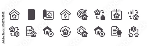 pack of 16 clean thin line property management icons including abuw4#024 house, g4qze#035 management, owepj#047 smart house, a7yum#011 contract, ybjzf#003 blueprint, z7lfh#010 discount, 9qlni#017