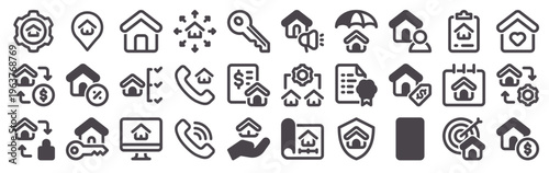 Set of 30 property management thin line icons including house, key, insurance, certificate, calendar, location, checklist, document, phone, sale, owner, blueprint, discount, promotion, target