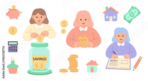 Flat illustration of people managing finances, saving money, and budgeting