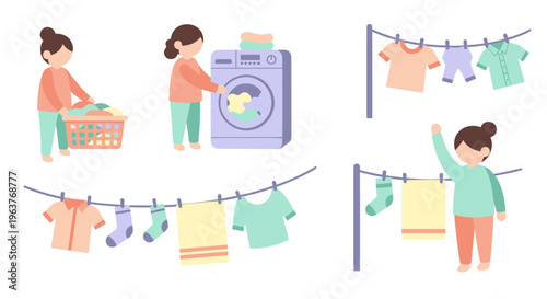 People doing laundry and drying clothes vector illustration, flat design