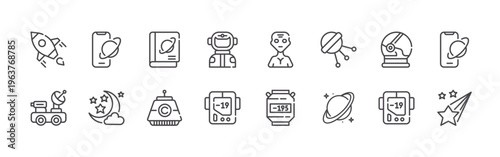 pack of 16 clean thin line space icons including jjxv1#020 rocket, rrcrf#017 moon rover, zqd#025 smartphone, wz2km#018 moon, mjfxv#028 space book, yiizx#026 space capsule, 4uq1r#002
