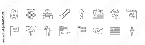 pack of 16 clean thin line usa independence day icons including aspqo#031 national anthem, ydzet#014 usa flag, bjmnw#021 grill, qtj9c#007 celebration, 36hrj#036 picnic, derou#038 salute,