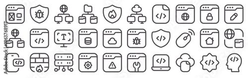 Set of 30 web development thin line vector icons including browser, network, firewall, shield, server, code, cloud, desktop, laptop, phone, and file management elements
