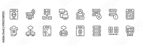 pack of 16 clean thin line web server icons including global, file, locked, cloud, database, coding, peer to peer, computing, user. editable stroke vector illustration isolated on white