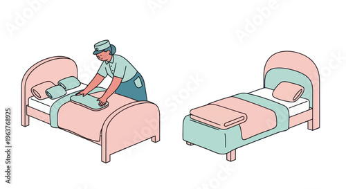 Maid making a bed, stock illustration, flat design, vector