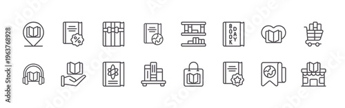 pack of 16 clean thin line world book day icons including 4ubwc#021 place, hnavw#001 audiobook, kycdj#015 discount, fkrml#004 book, a6qcv#022 present, ejxlh#023 scientific, m0btz#028 world book,