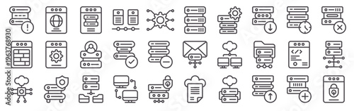 Set of 30 web server thin line icons including cloud, database, security, coding, file server, protection, locked, warning, peer to peer, and network computing symbols