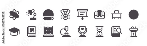 pack of 16 clean thin line back to school icons including molecule, mortarboard, desk lamp, science book, protactor, abacus, medal, microscope, projector screen. editable stroke vector