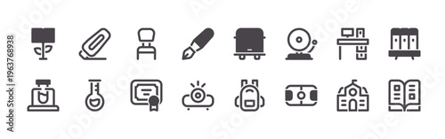 pack of 16 clean thin line back to school icons including education growth, test tube, highlighter, flask, chair, certificate, fountain pen, projector, school bus. editable stroke vector