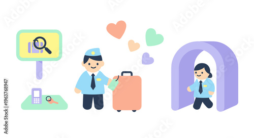 Airport Security Checkpoint Cartoon Flat Style Icons and Illustrations