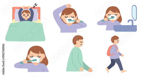 Daily routine, hygiene, brushing teeth, sleeping, walking, vector art