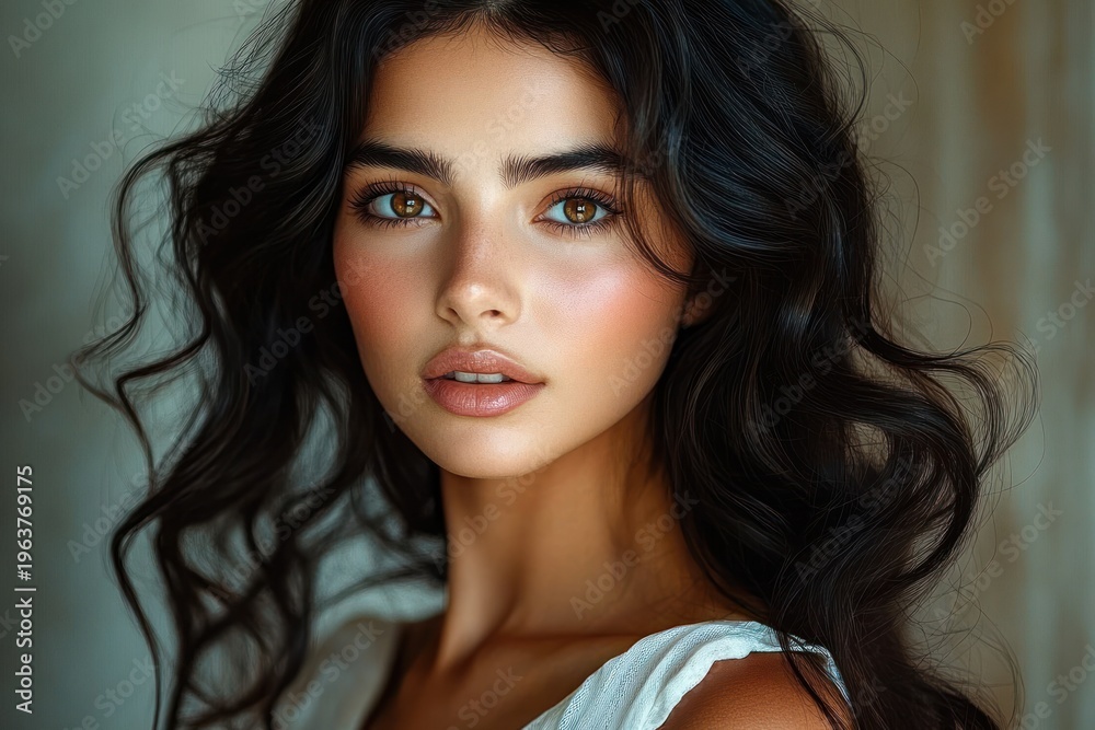 Naklejka premium serene portrait of a woman with flowing dark wavy hair, exposed shoulders and white dress in warm soft light