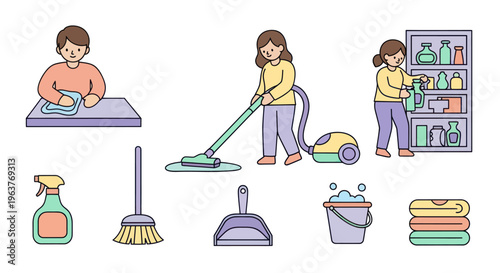 Flat Style Illustration of Household Cleaning Activities and Supplies