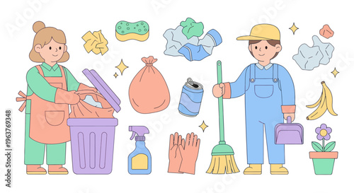 Flat Style Illustration of Cleaners with Broom, Dustpan, and Trash Can
