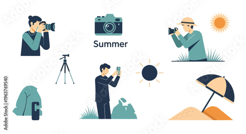 Flat illustration of photographers with cameras and tripod in summer