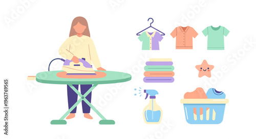 Flat illustration of woman ironing clothes, laundry items, household chore