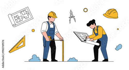 Architects working on blueprints with tools, flat vector illustration