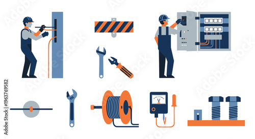 Electrician working with power panel, tools, and equipment in flat style