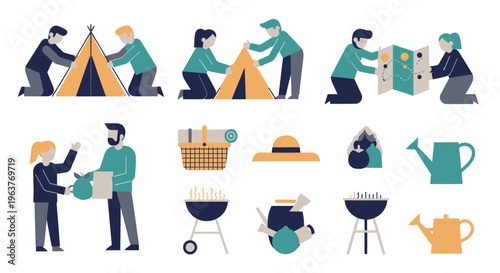 Flat vector illustration of camping activities and equipment for outdoors