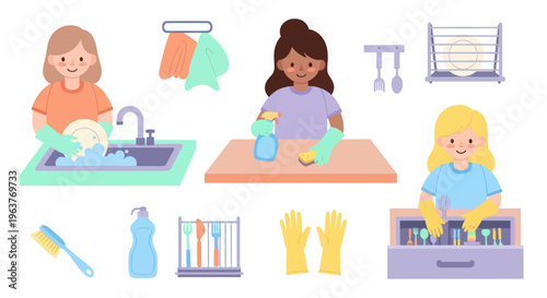 Flat Style Illustration of Women Washing Dishes and Cleaning Home