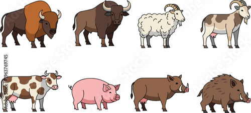 Farm Animal Vector Set with Bison Yak Sheep Goat Cow Pig Wild Boar Domestic Livestock Characters for Cartoon Illustration and Agriculture Design
