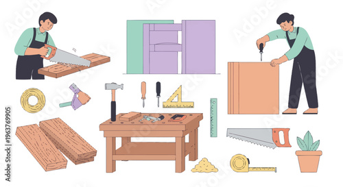 Woodworking tools and carpentry on white background, flat design
