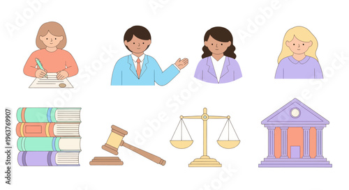 Law and Justice Icons: Flat Design Illustration of Legal Symbols and Professions
