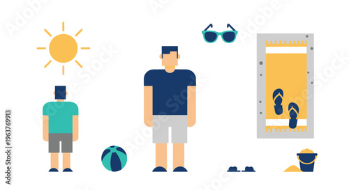 Flat Style Beach Scene with Sun, People, and Accessories
