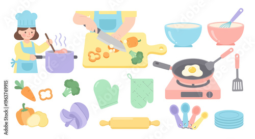 Flat Illustration of Chef Cooking and Kitchen Utensils