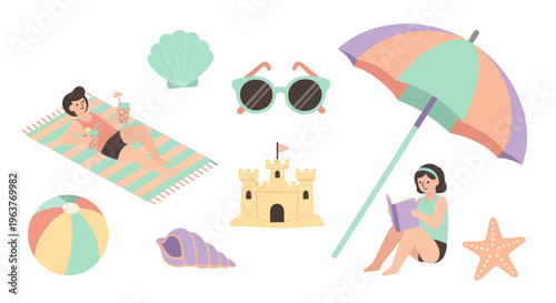 Flat Vector Illustration of Beach Items, Summer Holiday Concept