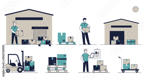 Logistics and Warehousing Operations Flat Line Art Illustration: Delivery, Inventory, Supply Chain